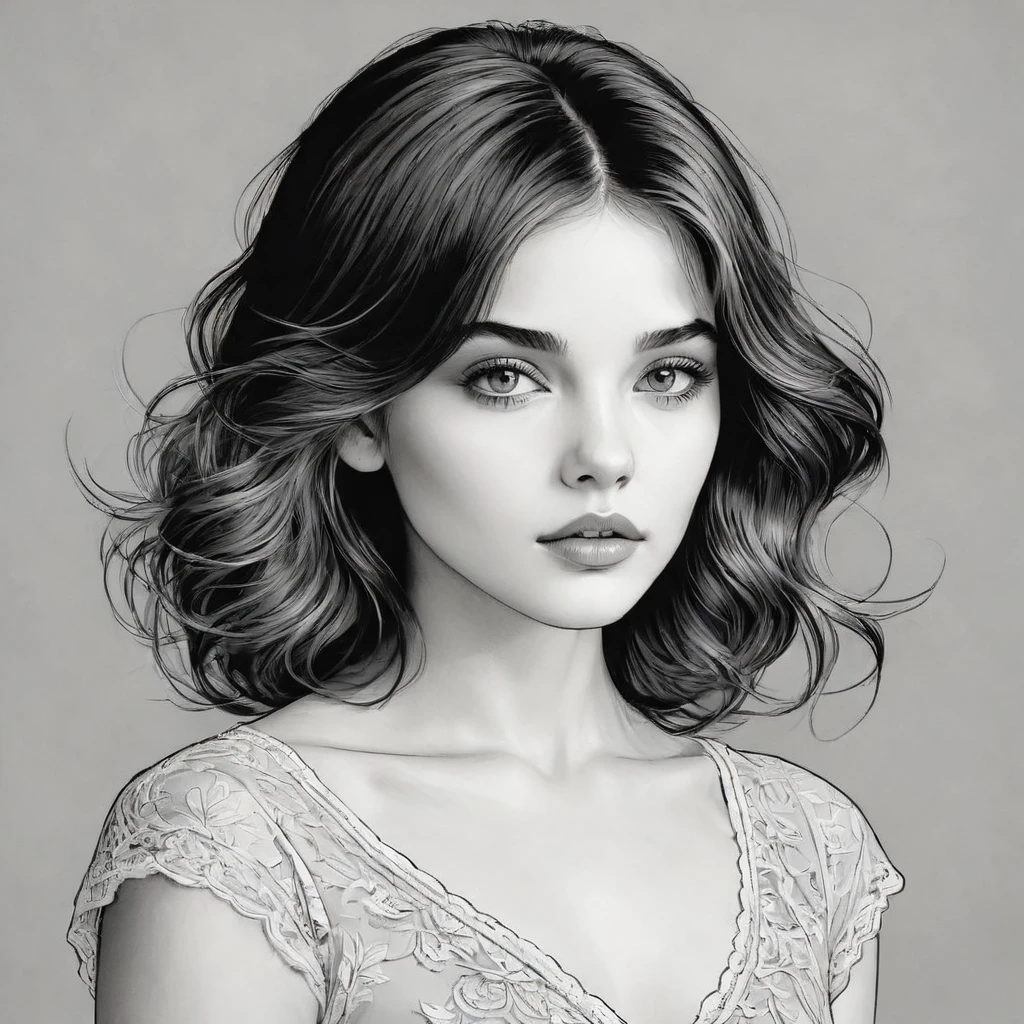 a line art portrait of a young girl, detailded facial features, gorgeous eyes, delicate lips, short, flowing hair, softshadows, minimal style, black andwhite, hight contrast, intricate linework, chic, serene, detailded, intricate, work of art