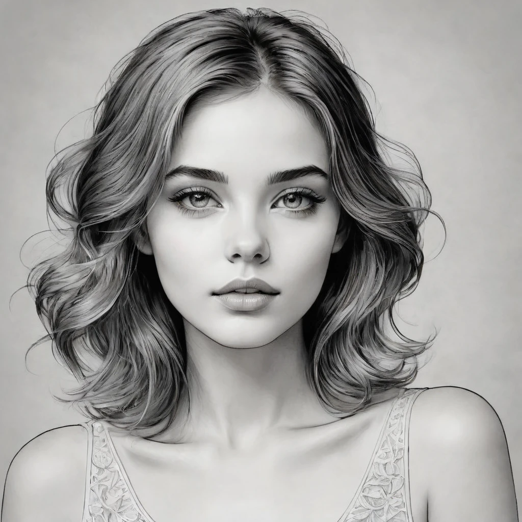a line art portrait of a young girl, detailded facial features, gorgeous eyes, delicate lips, short, flowing hair, softshadows, minimal style, black andwhite, hight contrast, intricate linework, chic, serene, detailded, intricate, work of art