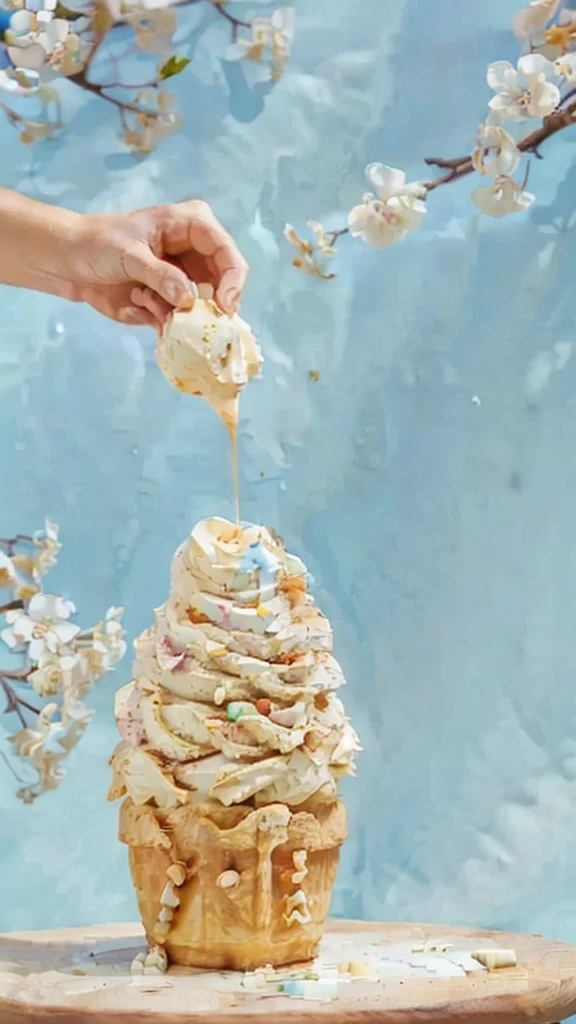 Realistic Vanilla gelato waffle cone, Background is bright blue sky,