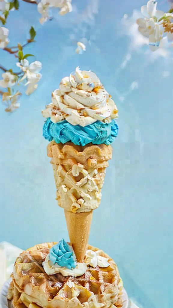 Realistic Vanilla gelato waffle cone, Background is bright blue sky,