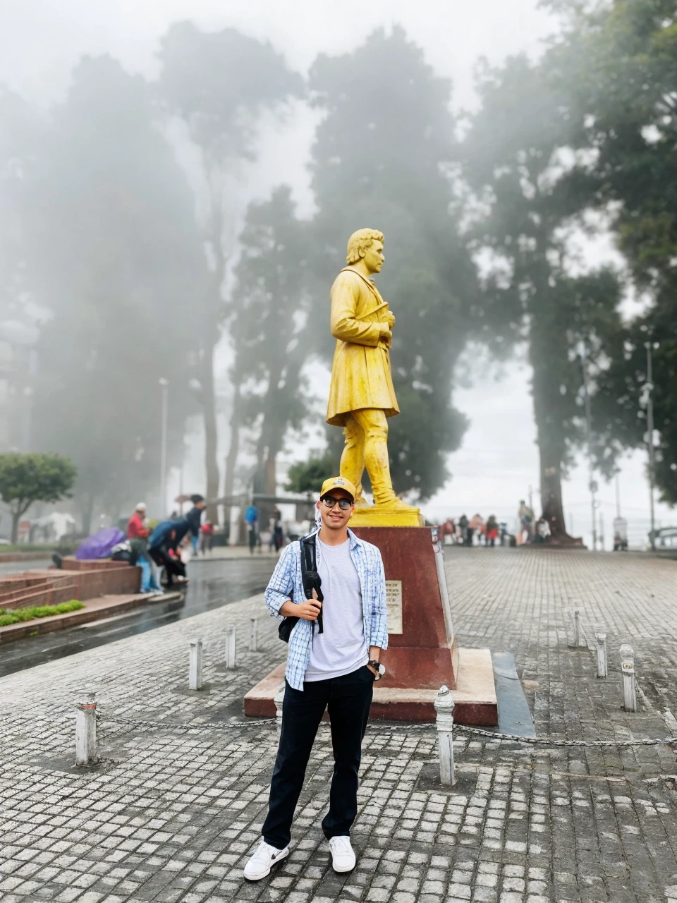Remove the statue behind the person and make a sunny day