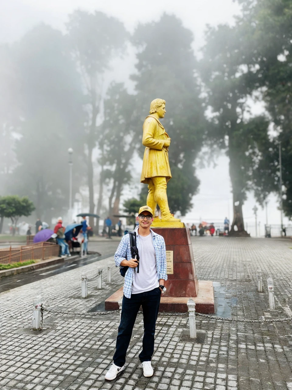 Remove the statue behind the person and make a sunny day