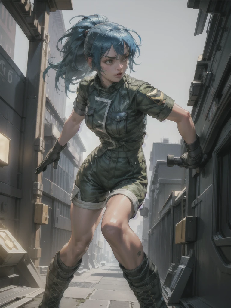 30-year-old woman, alone, athletic, blue hair tied in a ponytail, wears green military shorts, wears dark gloves, has military boots, high resolution, perfect image, very detailed, high contrast, digital colors, simple, medium shot , cinematic, ultra-sharp focus, award-winning photography, perfect contrast, high sharpness, depth of field, ultra-detailed photography. global illumination, fluid, ultra high definition, 8k, Unreal Engine 5, ultra sharp focus, award-winning photography, Art Season Trends,
