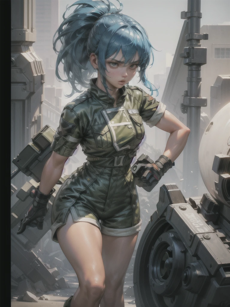 30-year-old woman, alone, athletic, blue hair tied in a ponytail, wears green military shorts, wears dark gloves, has military boots, high resolution, perfect image, very detailed, high contrast, digital colors, simple, medium shot , cinematic, ultra-sharp focus, award-winning photography, perfect contrast, high sharpness, depth of field, ultra-detailed photography. global illumination, fluid, ultra high definition, 8k, Unreal Engine 5, ultra sharp focus, award-winning photography, Art Season Trends,