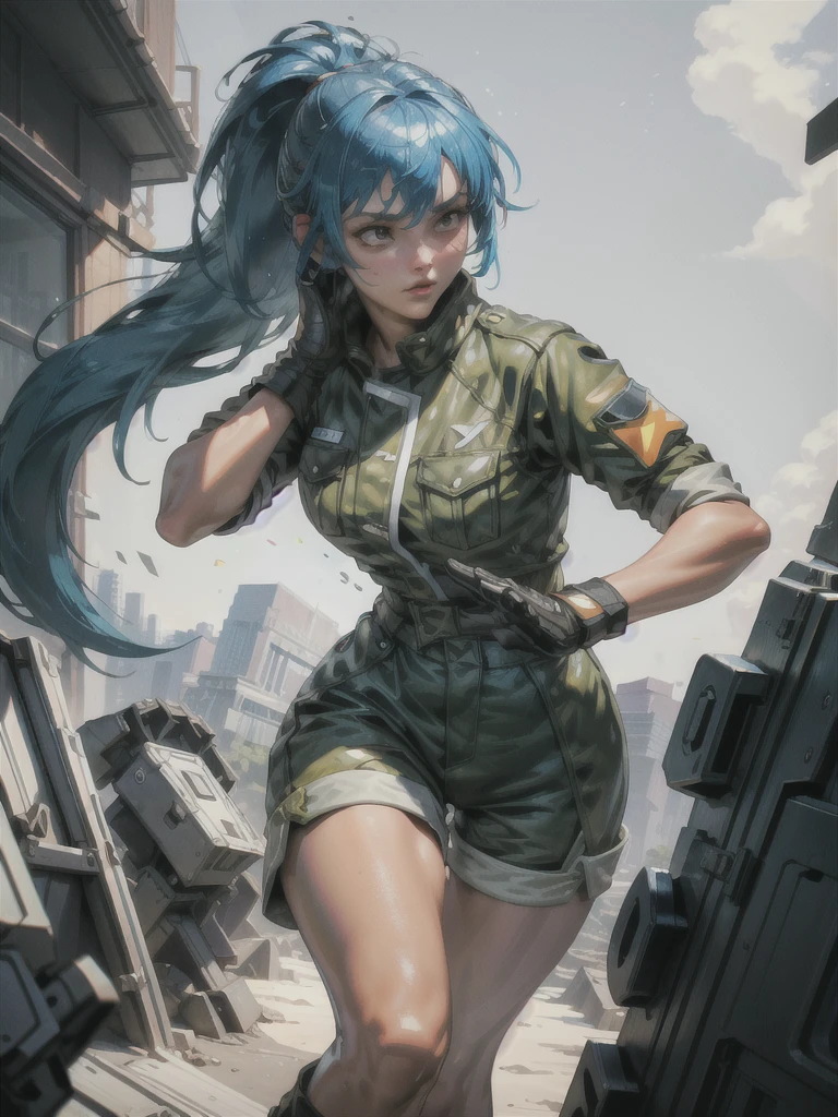 30-year-old woman, alone, athletic, blue hair tied in a ponytail, wears green military shorts, wears dark gloves, has military boots, high resolution, perfect image, very detailed, high contrast, digital colors, simple, medium shot , cinematic, ultra-sharp focus, award-winning photography, perfect contrast, high sharpness, depth of field, ultra-detailed photography. global illumination, fluid, ultra high definition, 8k, Unreal Engine 5, ultra sharp focus, award-winning photography, Art Season Trends,