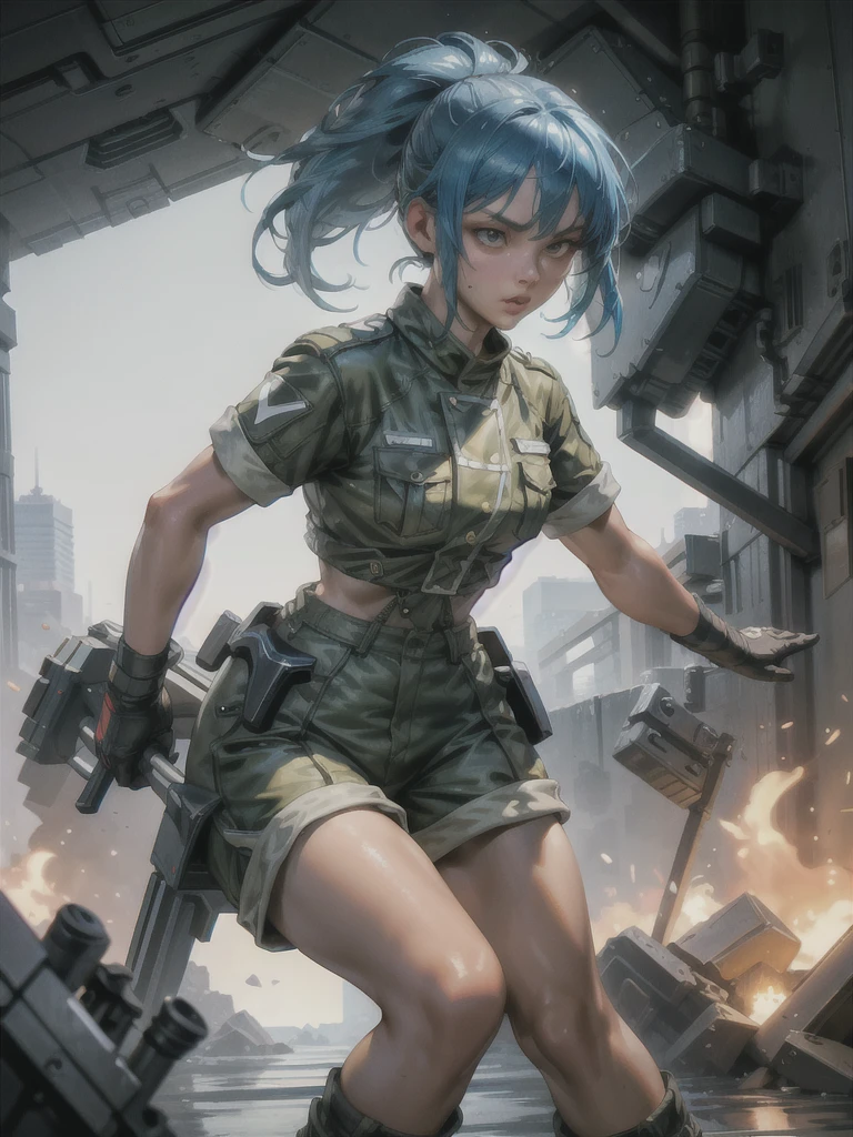 30-year-old woman, alone, athletic, blue hair tied in a ponytail, wears green military shorts, wears dark gloves, has military boots, high resolution, perfect image, very detailed, high contrast, digital colors, simple, medium shot , cinematic, ultra-sharp focus, award-winning photography, perfect contrast, high sharpness, depth of field, ultra-detailed photography. global illumination, fluid, ultra high definition, 8k, Unreal Engine 5, ultra sharp focus, award-winning photography, Art Season Trends,