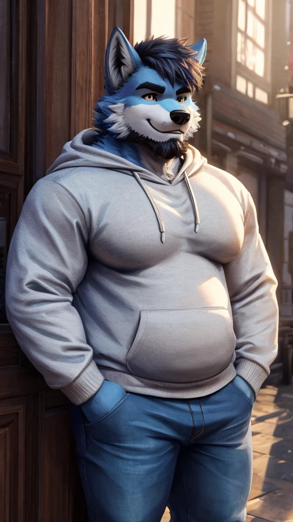((best quality)), ((masterpiece)), (Ultra detailed), ((4k)) , Solo , Anthro Wolf , Light Blue Fur , Black Short Hair , Short Beard , Handsone , Middle Ages , Big Pecs chest , Chubby , Headphone , Sweatshirt , Jean pants , Small Smile , Stand Alone ,