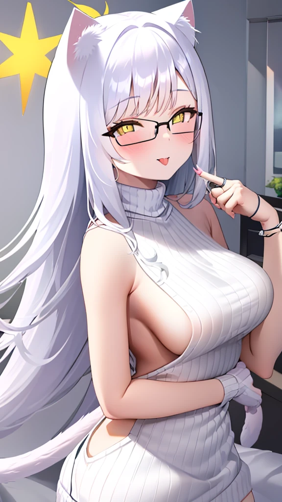 A 20-year-old female angel with long hair, white hair, yellow eyes, cat ears, cat tail, breasts, and white angel wings. A glowing yellow halo ring overhead. Wear round glasses (White halter turtleneck sweater, white purekiller sweater, sleeveless, sexy backless sweater, white dress) White arm warmers, stick out tongue, bedroom