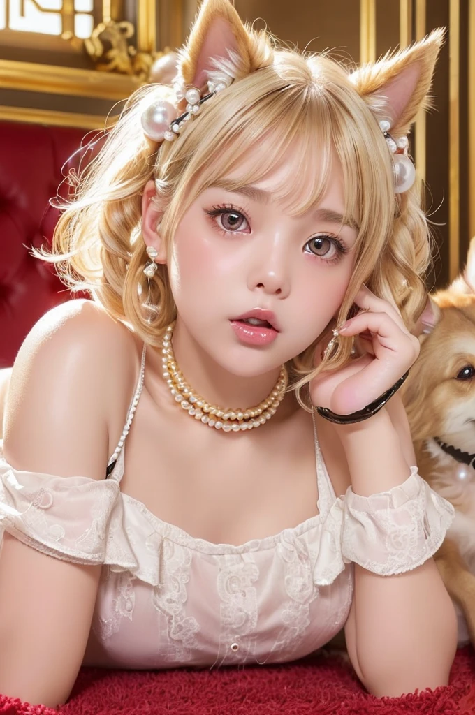 One girl、A little sexy、Blonde、Red sparkling eyes、detailed cute eyes,(glowing eyes:1.4),open mouth,((Droopy eyeole on left cheek Medium Curl Hair、Dog ears、Lying down、Golden Room、pearls choker,sensual pose,
