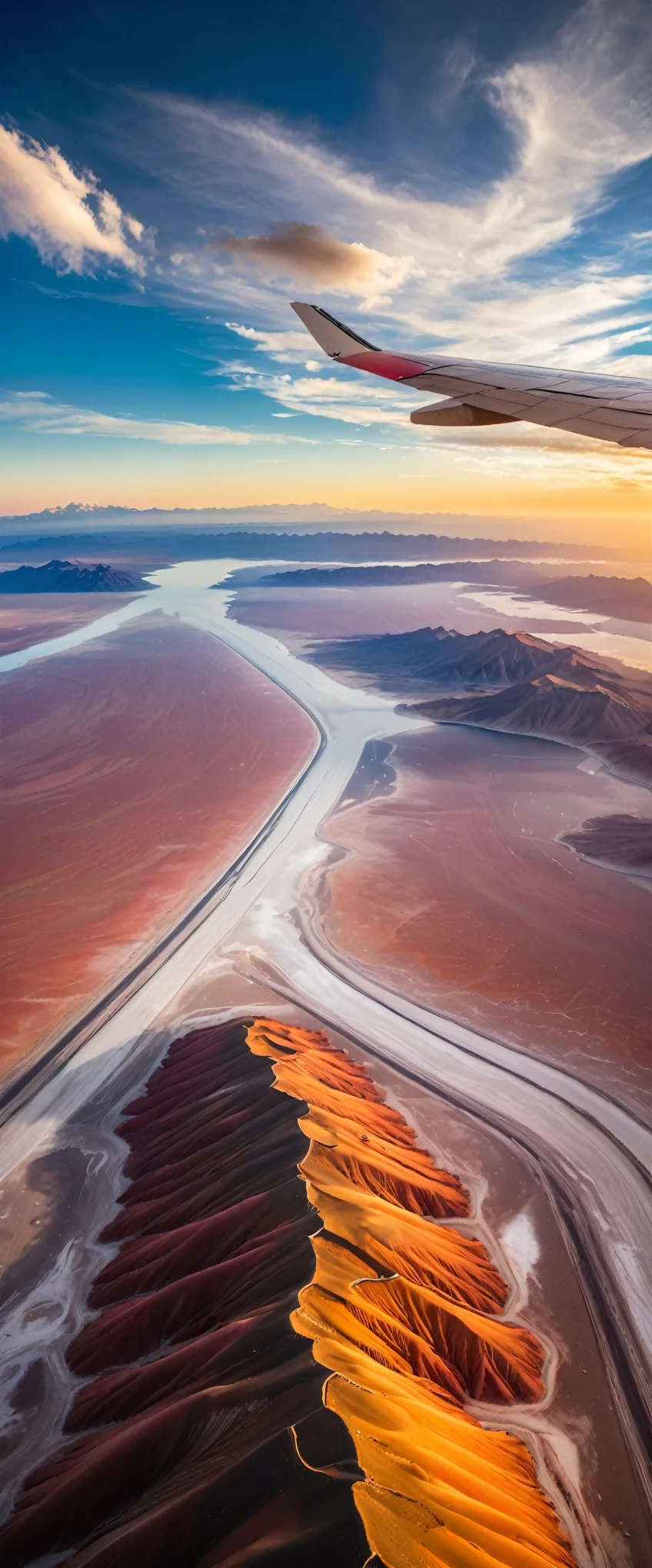 (Highest quality),(masterpiece:1.2),(Very detailed:1.2),Ultra-high resolution,RAW color photos,8K,Vast landscape photography,Realistic photos,Elaborate photos,Skydiving viewpoint,Written boundary depth,Sharp focus,In the clouds,Uyuni salt lake,Sunset,Beautiful colors,Written boundary depth,Wide Light,Low contrast,Backlight,Sharp focus,Vibrant colors,moving composition