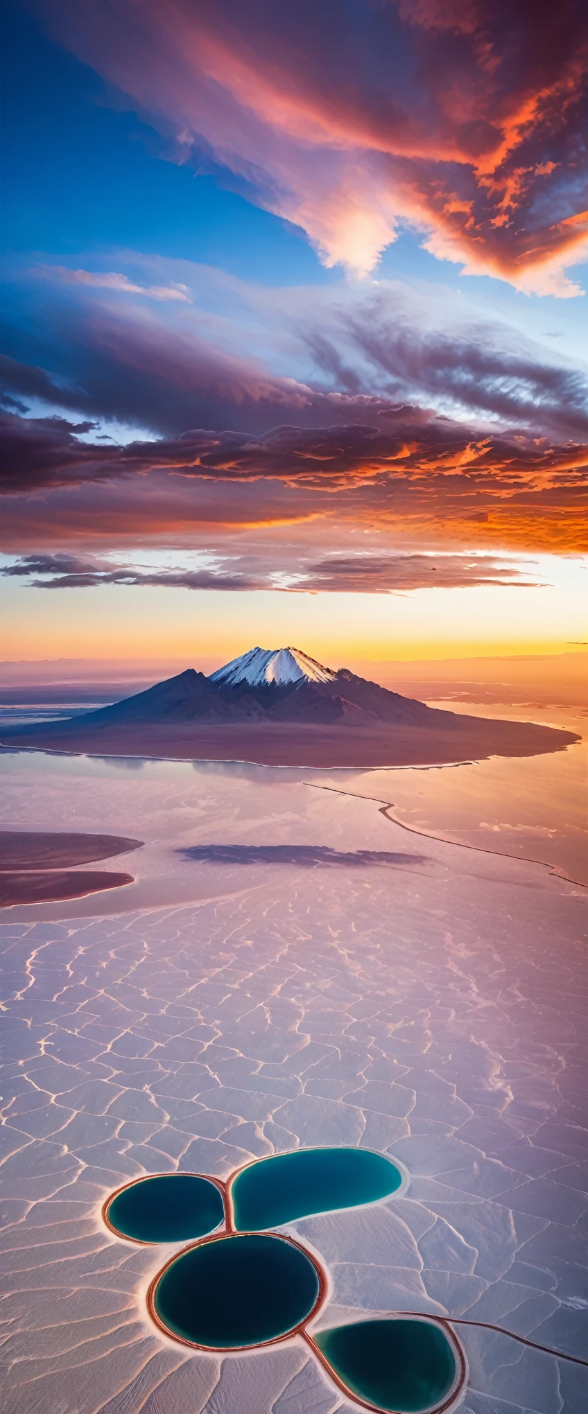 (Highest quality),(masterpiece:1.2),(Very detailed:1.2),Ultra-high resolution,RAW color photos,8K,Vast landscape photography,Realistic photos,Elaborate photos,Skydiving viewpoint,Written boundary depth,Sharp focus,In the clouds,Uyuni salt lake,Sunset,Beautiful colors,Written boundary depth,Wide Light,Low contrast,Backlight,Sharp focus,Vibrant colors,moving composition