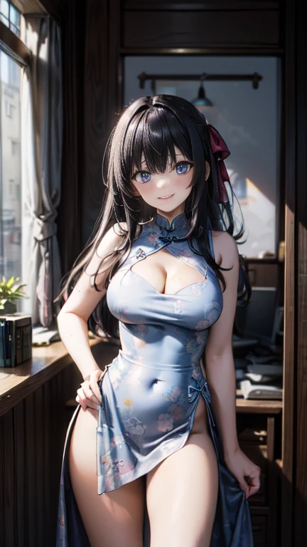 1girl, 19 years old, (), ((cleavage)), 
(((In the study))), 
(blush:0.8), ((shy face)), happy, smile, , laughing, 
(Depict from HIP to head) , 
Black Hair, Straight Hair, medium Long Hair, bangs, Hair between the eyes, Reduce hair volume, 
Sparkling blue eyes, eyelashes, looking at viewer, 
Close-fitting clothing, Wearing China dress, Side slits, (knee length China dress), Floral prints, (white g-string ), Separate panties and clothes, ((let the hem of the dress to the side)), The front and back of the skirt are the same length, 
A skirt that doesn't cling to the body, The front and back of the skirt are connected on one side. A woman has two legs.., Two arms, Five fingers, Two joints in the fingers, barefoot, Perfect leg length
 very wide, (touch her hip)
 ( her ), (Bow-legged), (Mucus on thighs)