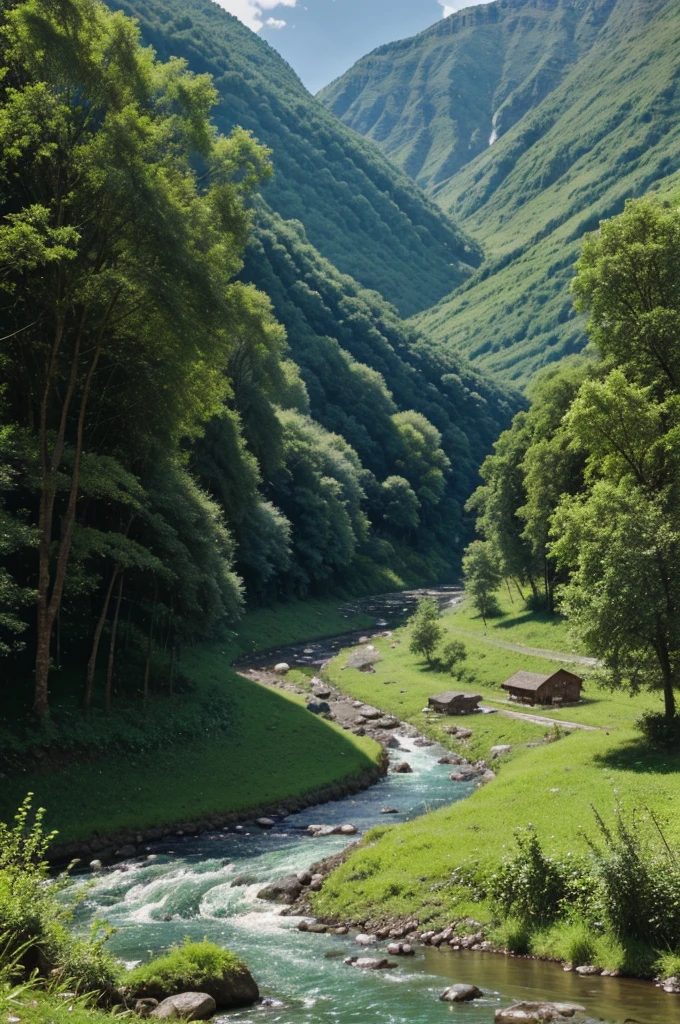 a man. standing between moutains having greenary surrounded and a river passing between them..the land is full of dandalions