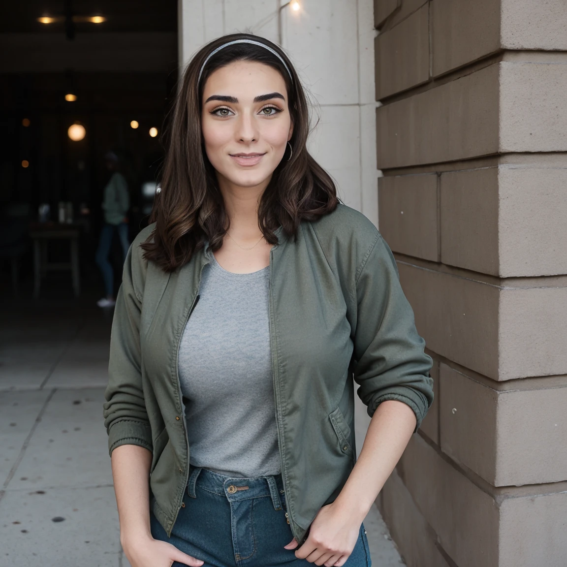 Extremely busty thin and toned brunette photographer, college girl, fair skin, loose side sweep, soft face, athletic, bandana babushka headwrap, tight olive green casual windbreaker, skinny jeans. standing in front of her apartment building, outdoors, city, camera bag, cleavage 