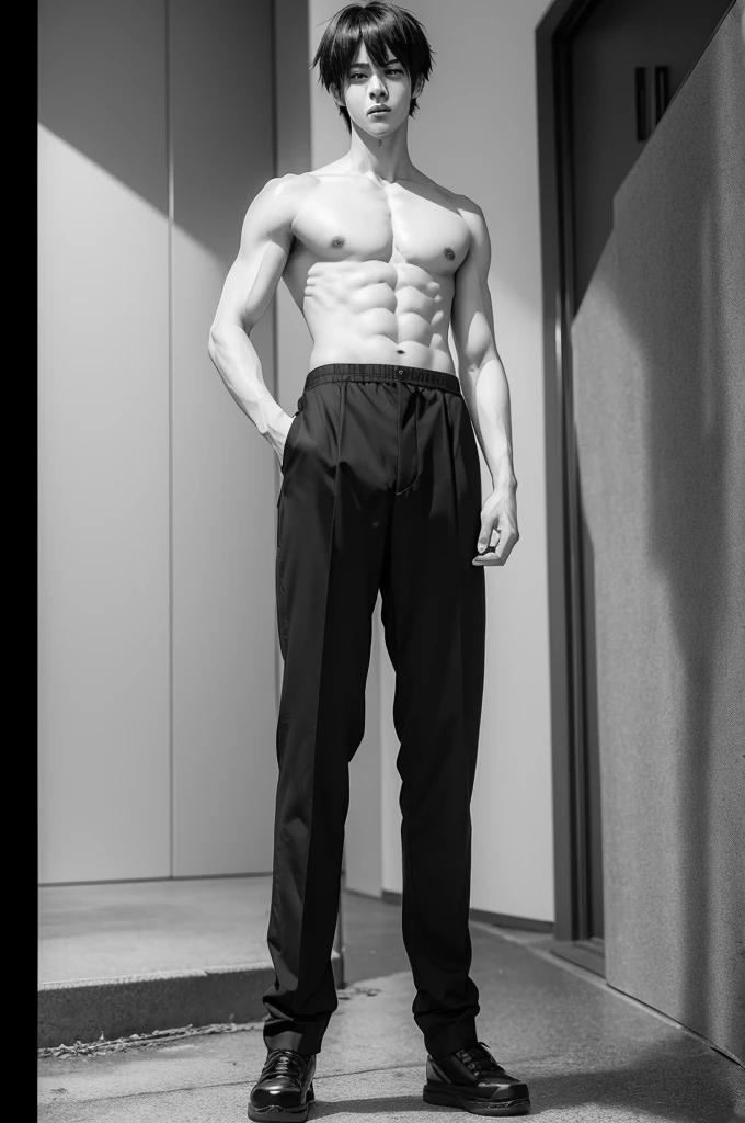 Create a black and white manga comic of a thin male character with black hair standing
