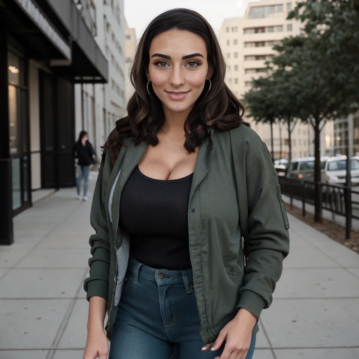 Extremely busty thin and toned brunette photographer, college girl, fair skin, loose side sweep, soft face, athletic, bandana babushka headwrap, tight olive green casual windbreaker, skinny jeans. standing in front of her apartment building, outdoors, city, camera bag, cleavage 