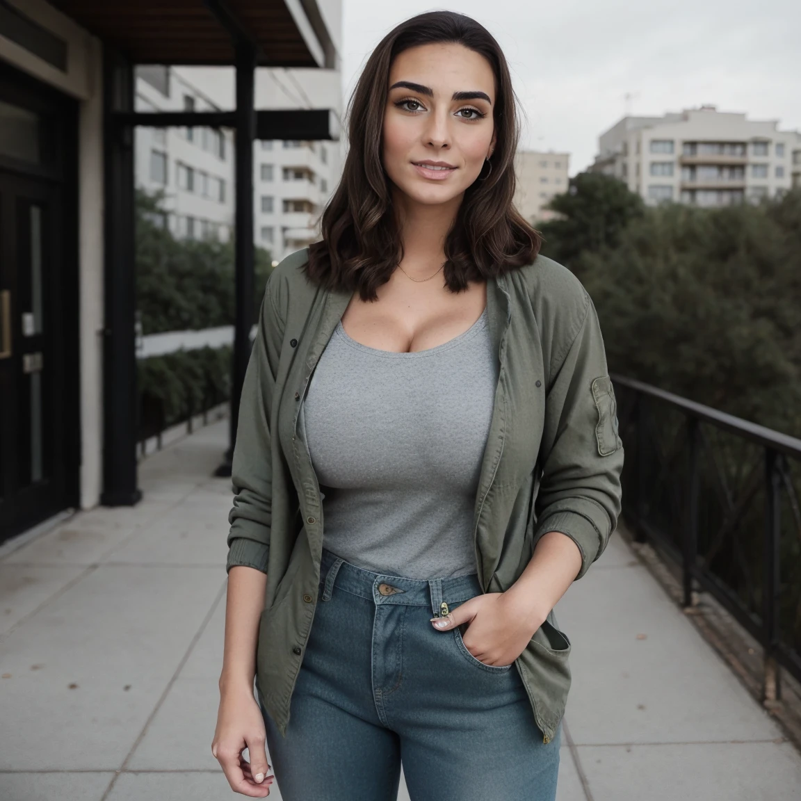 Extremely busty thin and toned brunette photographer, college girl, fair skin, loose side sweep, soft face, athletic, bandana babushka headwrap, tight olive green casual windbreaker, skinny jeans. standing in front of her apartment building, outdoors, city, camera bag, cleavage