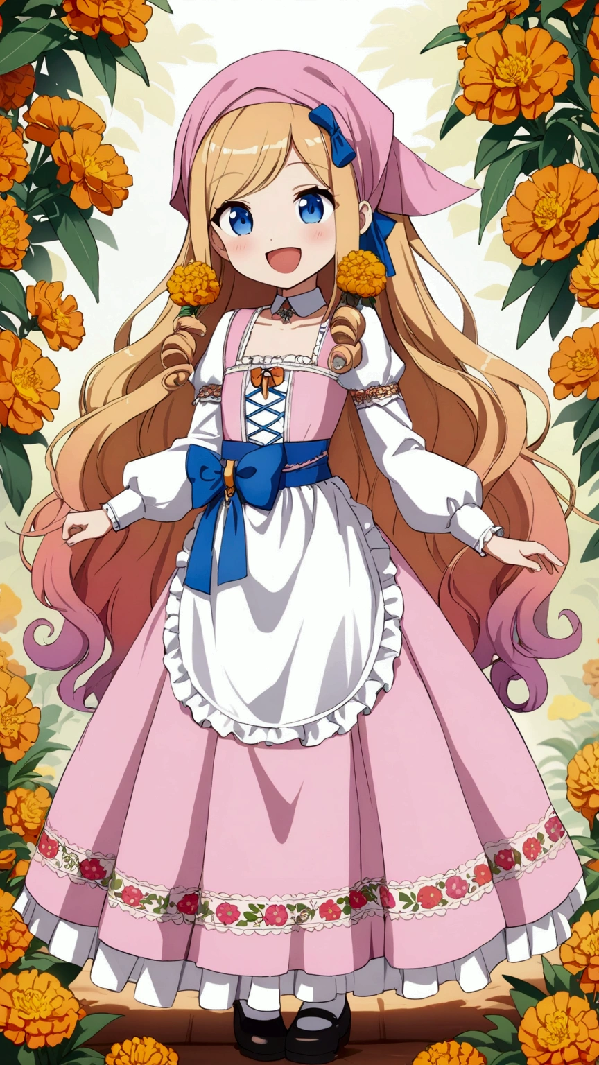 golden orange hair, gradient hair, very long hair, swept bangs, sidelocks, curly hair, wavy hair, (((((head scarf))))), head bandana, pink apron, flower in hair, marigold, orange flower, dirndl, pink dress, pink dirndl, long sleeves, waist apron, white apron, bow on waist, blue bow, , polish clothing, Slavic clothing, Hungarian clothing, anime, cute, flat chest, solo, exaggerated expression, smile, open mouth, blue eyes, white stockings, black shoes, full body
