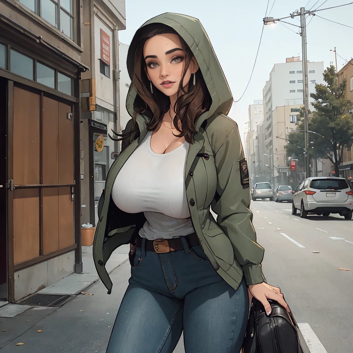 Extremely busty thin and toned brunette photographer, college girl, fair skin, loose side sweep, soft face, athletic, bandana babushka headwrap, tight olive green casual windbreaker, skinny jeans. standing in front of her apartment building, outdoors, city, camera bag, cleavage