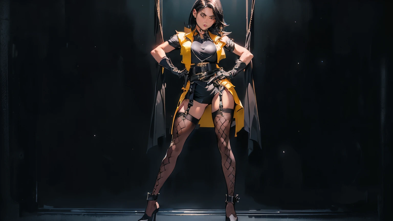 (1 girl:1.3),(full body portrait:1.5),(deep black background:1.4),(The overall tone of the picture is dominated by deep black:1.3),photorealistic,(high resolution,overwhelmingly pixel perfect,luxurious illustration),(hyper quality, Masterpiece, Ethereal:1.4),(Realism:1.2),(Realistis:1.2),(absurderes:1.4),8K,Ultra-detailed,The best picture quality,(a mature woman),detailed beautiful mature face,(Solo:1.4),(huge chest:1.2),(Hanging chest:1.5),(chest squeezed:1.3),(black miccostumes Women's Costume Fighter Ninja Cosplay Top with Gloves and Vest:1.4 ),(Women Bodystocking:1.4),black pantyhose,(black stocklings:1.3),revealing chest,(hair over shoulder:1.3),(black hair:1.2),amazing facial details,slender legs