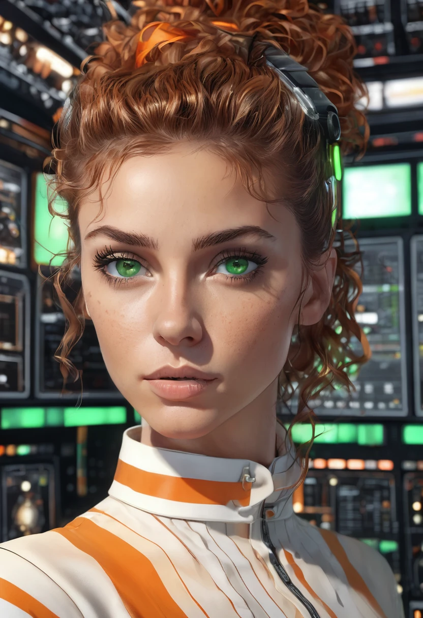 1 woman, in front of a control panel, wearing a long-sleeved blouse with white and orange stripes, detailed facial features, detailed female green eyes, detailed brown skin, orange messy curly ponytail hair, strong lighting, anxious expression on her face, cold cinematic composition, atmospheric fog, beautiful face, thin chin, beautiful woman, feminine and beautiful, 25 years old (best quality, 4K, 8K, high resolution, art: 1.2), ultra-detailed, (realistic, photorealistic, photorealistic: 1.37)