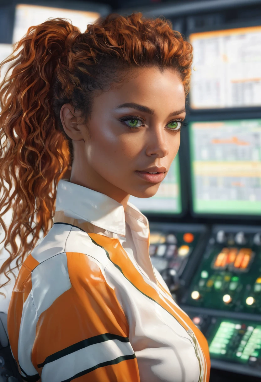 1 woman, in front of a control panel, wearing a long-sleeved blouse with white and orange stripes, detailed facial features, detailed female green eyes, detailed brown skin, orange messy curly ponytail hair, strong lighting, anxious expression on her face, cold cinematic composition, atmospheric fog, beautiful face, thin chin, beautiful woman, feminine and beautiful, 25 years old (best quality, 4K, 8K, high resolution, art: 1.2), ultra-detailed, (realistic, photorealistic, photorealistic: 1.37)