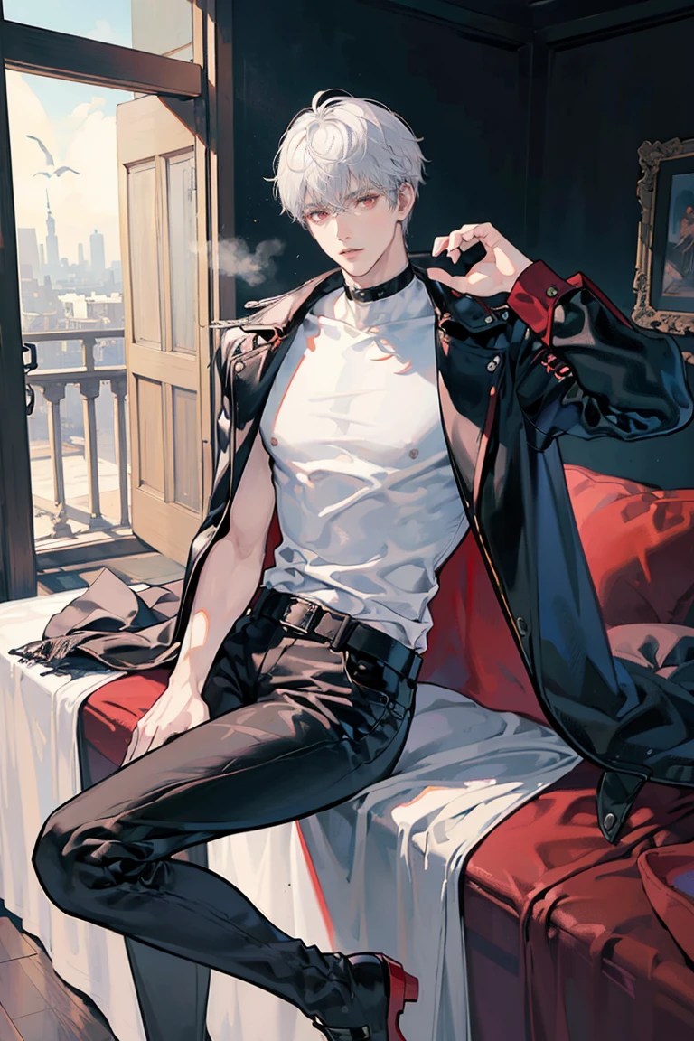 anime - (masterpiece), best quality, seductive eyes, mature face, red eyes, short messy white haircut, short length white hair, plain white t shirt, black leather jacket, black pants, tall man, long legs, masculine, broad shoulders, adult-like, full body, both hands on his pockets
