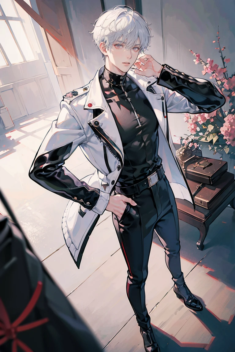 anime - (masterpiece), best quality, seductive eyes, mature face, red eyes, short messy white haircut, short length white hair, plain white t shirt, black leather jacket, black pants, tall man, long legs, masculine, broad shoulders, adult-like, full body, both hands on his pockets