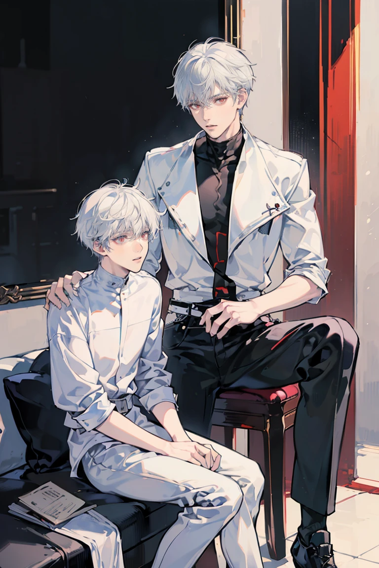 anime - (masterpiece), best quality, seductive eyes, mature face, red eyes, short messy white haircut, short length white hair, plain white t shirt, black leather jacket, black pants, tall man, long legs, masculine, broad shoulders, adult-like, full body, both hands on his pockets