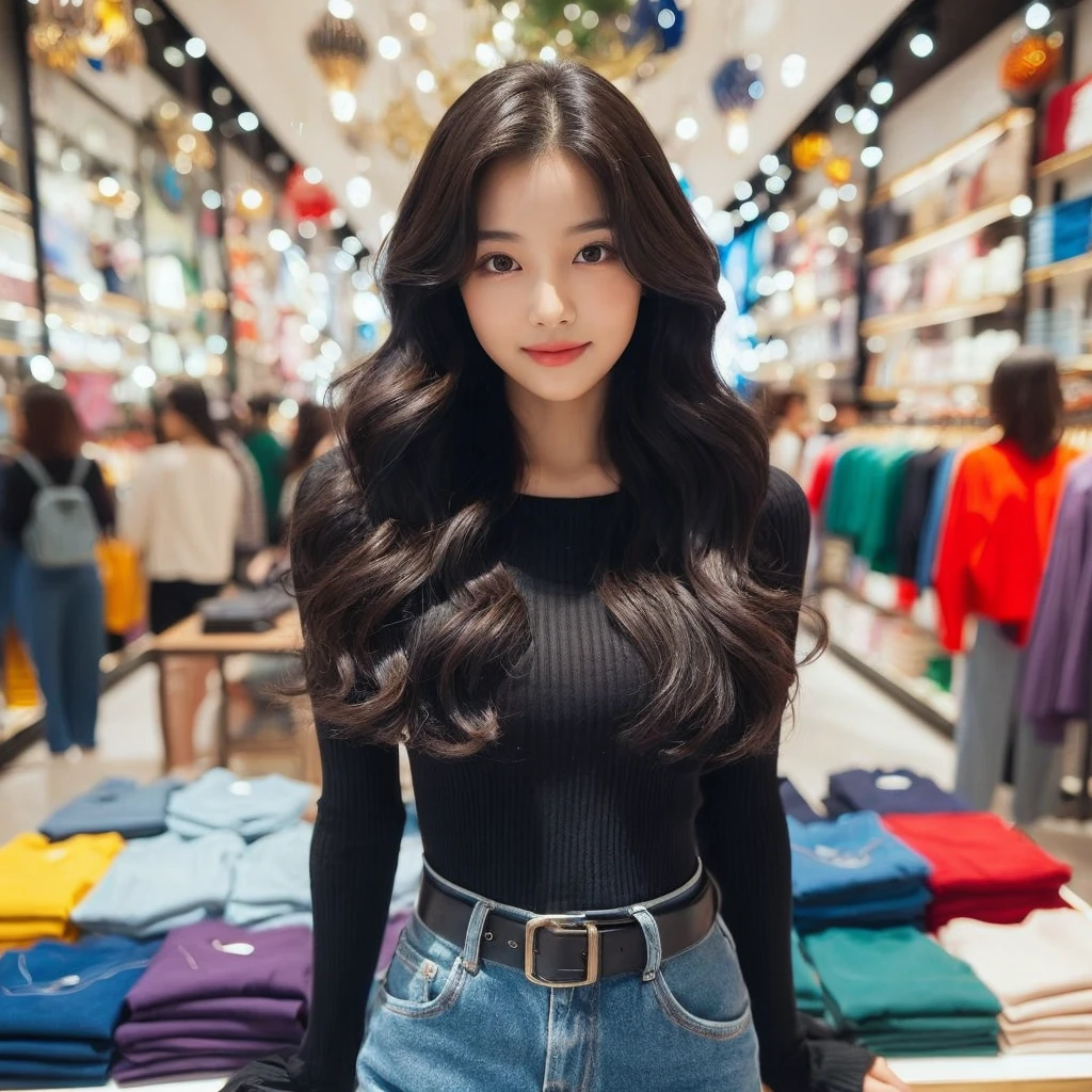 In this description, we have a portrayal of a charming Korean girl. She has a youthful and adorable appearance, with smooth and radiant skin. She has broad shoulders, giving her a confident stance. Her face is round and she has a short neck. Her hair is medium in length and has a wavy texture, with a black color that adds to her beauty. She is dressed in a white tank top, which enhances the purity and simplicity of her look. The scene takes place in a luxurious bedroom that has a white theme, creating a serene and elegant atmosphere.