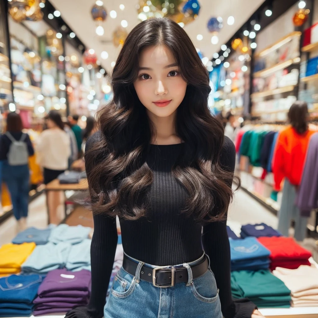 In this description, we have a portrayal of a charming Korean girl. She has a youthful and adorable appearance, with smooth and radiant skin. She has broad shoulders, giving her a confident stance. Her face is round and she has a short neck. Her hair is medium in length and has a wavy texture, with a black color that adds to her beauty. She is dressed in a white tank top, which enhances the purity and simplicity of her look. The scene takes place in a luxurious bedroom that has a white theme, creating a serene and elegant atmosphere.