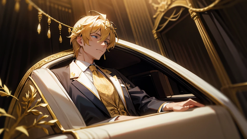 politician in a limo wearing roman imperial golden laurel wreath,