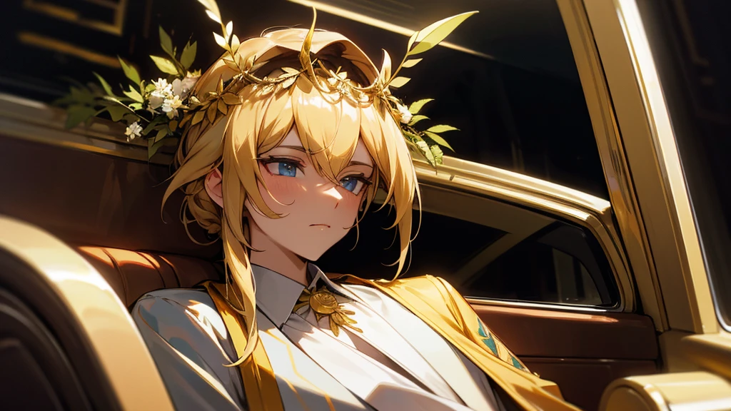 politician in a limo wearing roman imperial golden laurel wreath,
