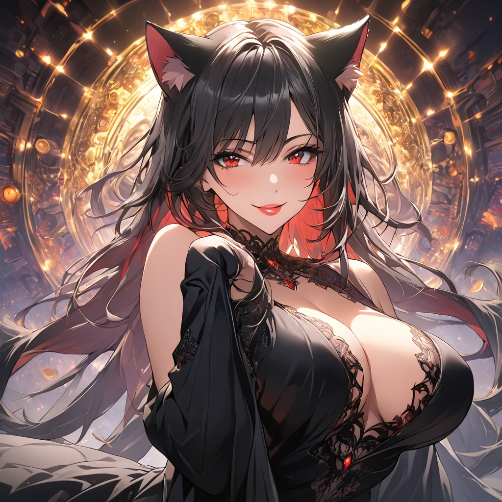 *8k Masterpiece, Top Quality, Best Quality, Official Art, (Beauty and Aesthetics: 1.3), Extremely Detailed, (Fractal Art: 1.3), Black hair. red eyes. Juicy lips with a smirk. cat ears. sexy pose. black dress. big chest. skimpy