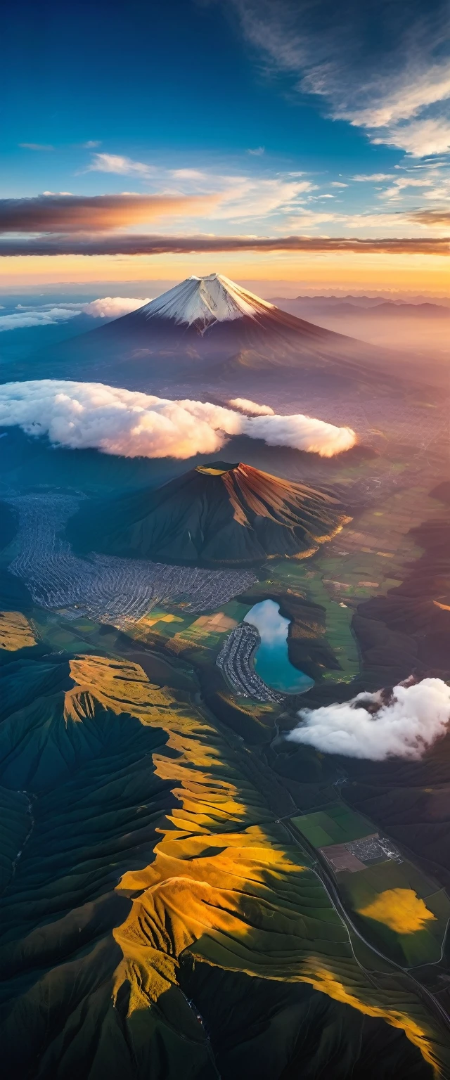 (Highest quality),(masterpiece:1.2),(Very detailed:1.2),Ultra-high resolution,RAW color photos,8K,Vast landscape photography,Realistic photos,Elaborate photos,Skydiving viewpoint,Written boundary depth,Sharp focus,In the clouds,Fuji Mountain,Sunset,Beautiful colors,Written boundary depth,Wide Light,Low contrast,Backlight,Sharp focus,Vibrant colors,moving composition