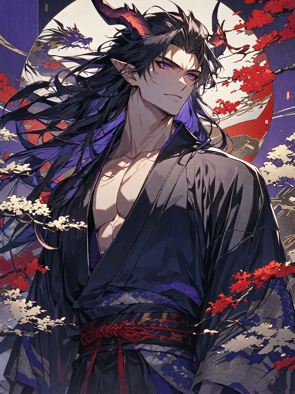 One, handsome, 1 man, with sporty body, V-shaped body, He's wearing a black kimono, dragon horns, long hair, black hair, bright purple eyes, Against the background of Japanese themes, red threads, dark light