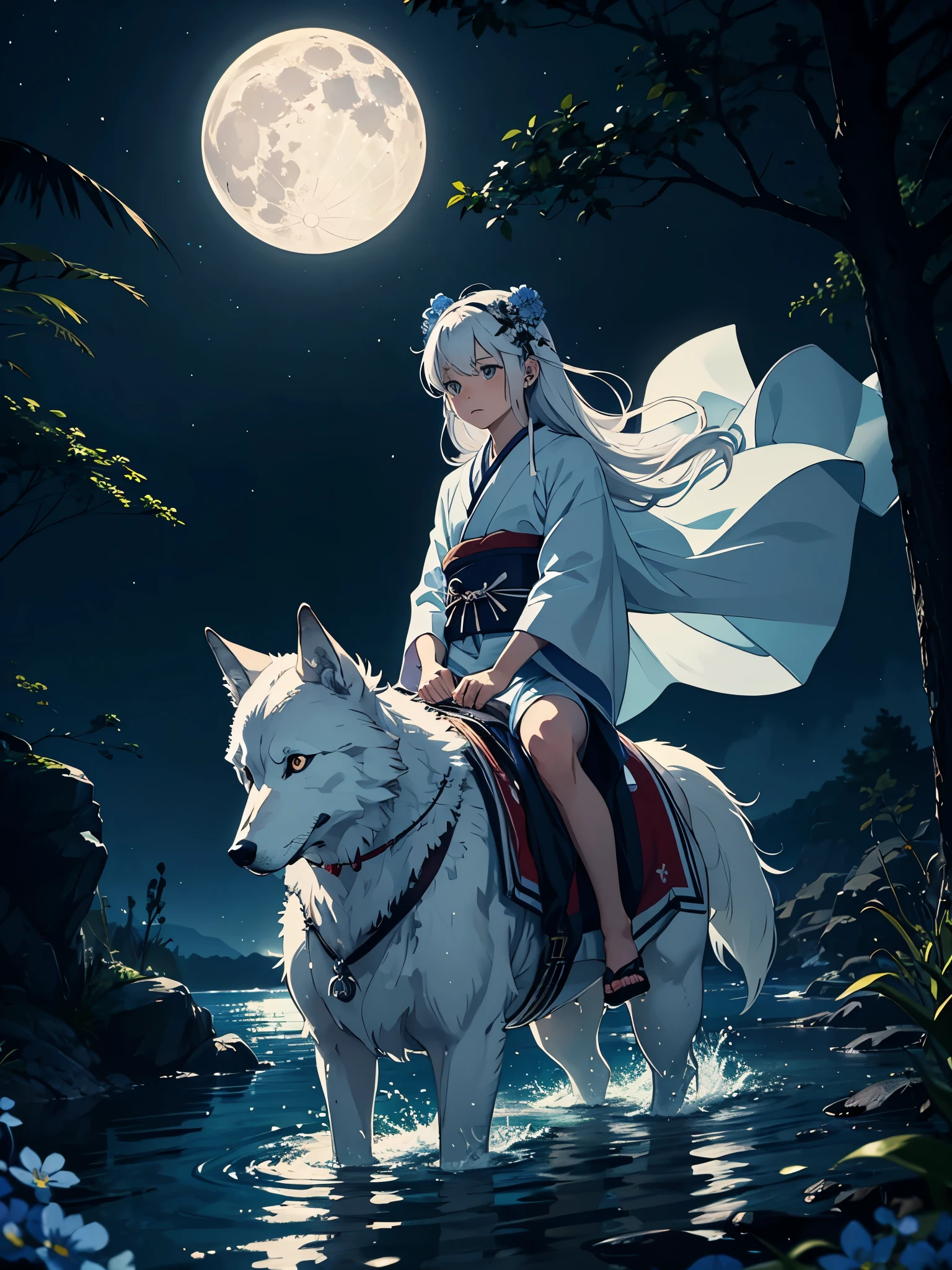 Riding a wolf. Japanese Kimono. ???. cutie pie. Younger. More anime. male. Light Blue flowers. Long hair. long white hair. aquatic, boy, God of the Moon, silver hair accessories, White hair, White dress, cape, at night.