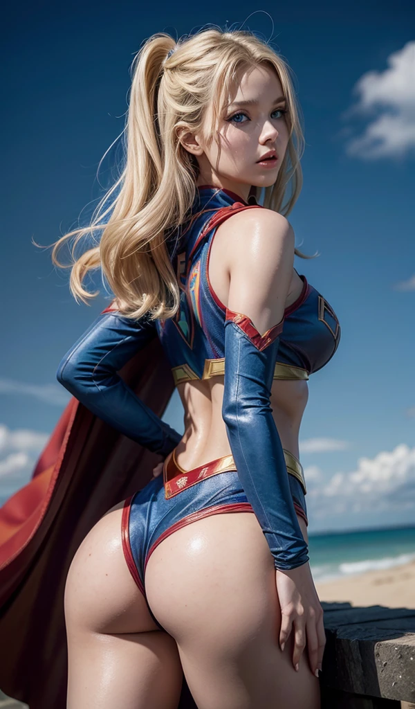 The actress Nata Lee as Supergirl, upturned buttock, perfect curves, extremely beautiful blue eyes, beautiful blond hair, back view angle