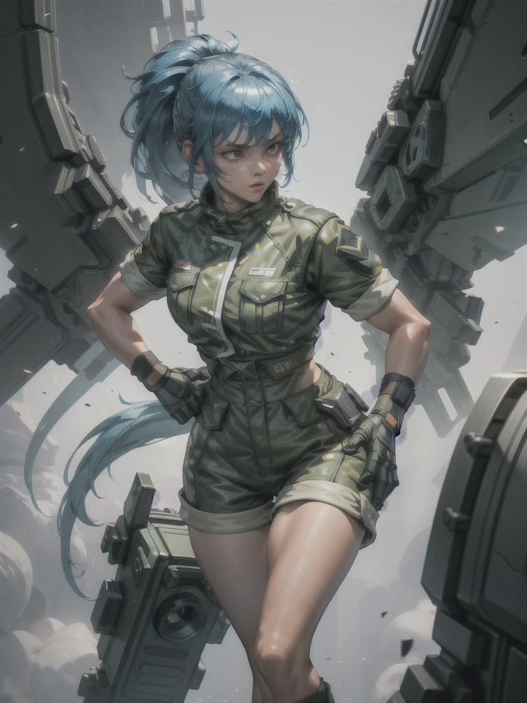 30-year-old woman, alone, athletic, blue hair tied in a ponytail, wears green military shorts, wears a green military top, wears dark gloves, has military boots, high resolution, perfect image, very detailed, high contrast, colors digital, simple, medium shot, cinematic, ultra-sharp focus, award-winning photography, perfect contrast, high sharpness, depth of field, ultra-detailed photography. global illumination, fluid, ultra high definition, 8k, Unreal Engine 5, ultra sharp focus, award-winning photography, Art Season Trends,