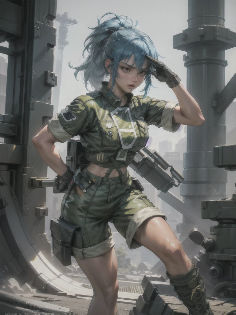 30-year-old woman, alone, athletic, blue hair tied in a ponytail, wears green military shorts, wears a green military top, wears dark gloves, has military boots, high resolution, perfect image, very detailed, high contrast, colors digital, simple, medium shot, cinematic, ultra-sharp focus, award-winning photography, perfect contrast, high sharpness, depth of field, ultra-detailed photography. global illumination, fluid, ultra high definition, 8k, Unreal Engine 5, ultra sharp focus, award-winning photography, Art Season Trends,
