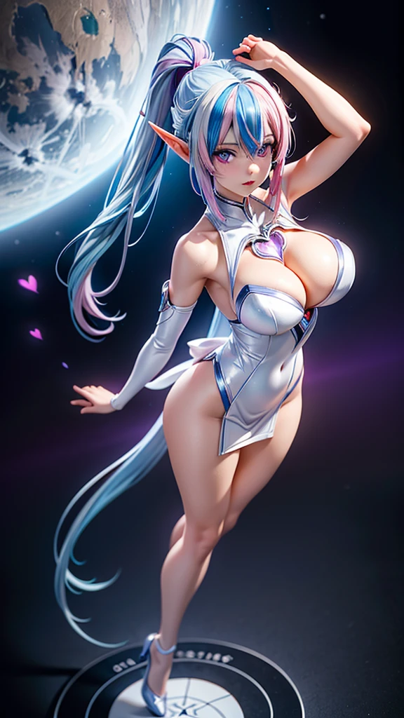 1 elf girl, (beautiful elf lady), elf magician, love and magic, one person solo, (Silver blue hair streaked pink purple:1.4), (Gradient sky blue hair ends:1.5), hair strand, absurdly long wavy hair, single sidelock, shiny hair, floating hair, (glowing symphony purple eyes), high-detailed and delicate eyes, colourful eyes makeup, red lips, ultra detailed facial, upturned pointy elf ears, porcelain skin, warm tone skin, whole body, extreme detailed, break, White extra long dress, Technical clothing masterpiece, several heart and Colored particle swirl around the body, (large complex multiple colours magic circle and heart totem upright floating on the back of the head:1.3), break, In the city, walking on the street, looking at the starry night sky, star night, meteor, cloud, heart, detailed background, complex background, ( _give heart:1.2), break, Full body, shallow depth of field, realism, chiaroscuro, sparkle, ray tracing, Volumetric lighting, Edge lighting, studio lighting, cinematic lighting, cyberpunk future Godism art, cyberpunk anime, award winner illustration, イーブイの絵, atmospheric perspective, best quality, 8K quality, HDR, UHD, 8K, super detail, masterpiece, highres, curate, retina, perfect CG, CG unity, complex, bloom, physically-based render, Octane Render, 3D Render, (realistic, photorealistic, photo-realistic:1.37), ultra-fine painting, sharp focus,