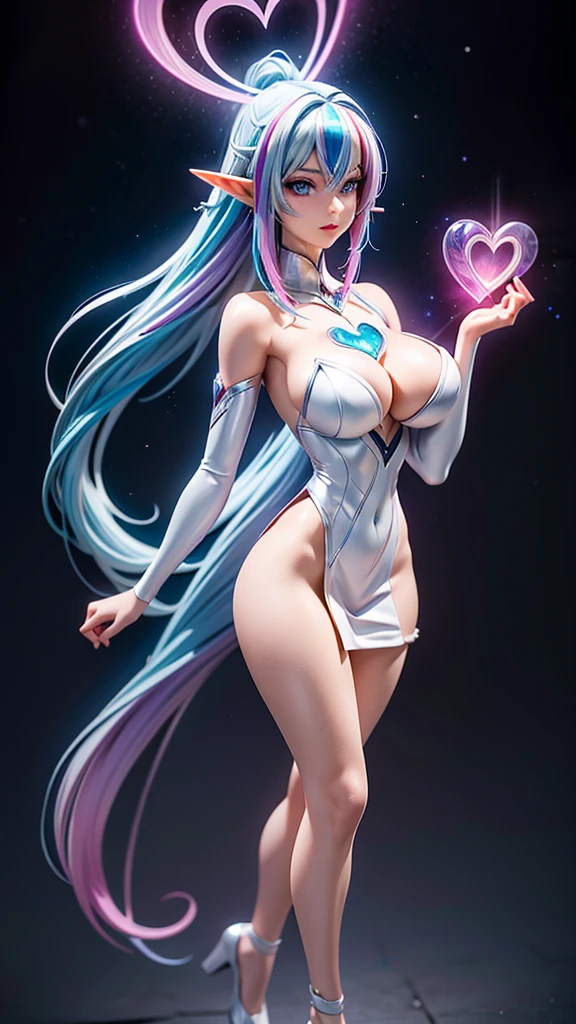 1 elf girl, (beautiful elf lady), elf magician, love and magic, one person solo, (Silver blue hair streaked pink purple:1.4), (Gradient sky blue hair ends:1.5), hair strand, absurdly long wavy hair, single sidelock, shiny hair, floating hair, (glowing symphony purple eyes), high-detailed and delicate eyes, colourful eyes makeup, red lips, ultra detailed facial, upturned pointy elf ears, porcelain skin, warm tone skin, whole body, extreme detailed, break, White extra long dress, Technical clothing masterpiece, several heart and Colored particle swirl around the body, (large complex multiple colours magic circle and heart totem upright floating on the back of the head:1.3), break, In the city, walking on the street, looking at the starry night sky, star night, meteor, cloud, heart, detailed background, complex background, ( _give heart:1.2), break, Full body, shallow depth of field, realism, chiaroscuro, sparkle, ray tracing, Volumetric lighting, Edge lighting, studio lighting, cinematic lighting, cyberpunk future Godism art, cyberpunk anime, award winner illustration, イーブイの絵, atmospheric perspective, best quality, 8K quality, HDR, UHD, 8K, super detail, masterpiece, highres, curate, retina, perfect CG, CG unity, complex, bloom, physically-based render, Octane Render, 3D Render, (realistic, photorealistic, photo-realistic:1.37), ultra-fine painting, sharp focus,