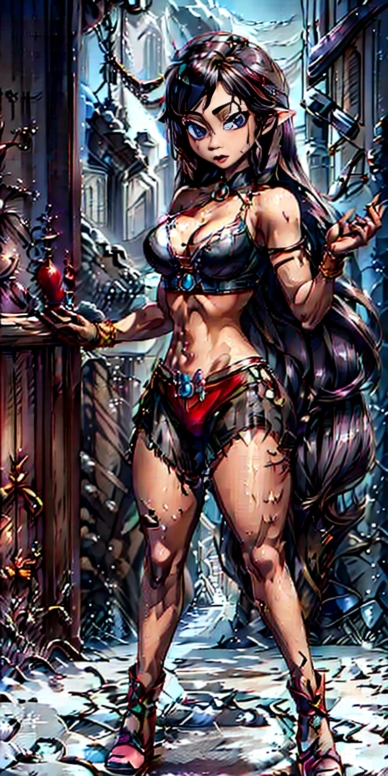 ((1woman)) whole body, standing, gray skin, drow, elf, 1 girl, maduro, purple eyes, by white, black bikini, ABS, Large knockers, tattered rags, chain collar, stomach tattoo (red tattoo)