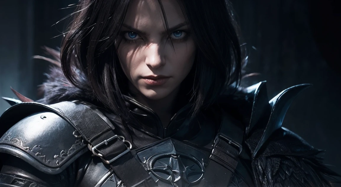 Close up portrait of a person with a sword in a dark room, Evil Knight, Gothic Knight, Dark Warrior, Anthropomorphic Crow Knight, Black Octane Rendering, Raymond Swanland&#39;s style, Sauron, the Dark Lord, Dark Fantasy Character Design, Photorealistic dark concept art, fantasy character octane render, Grim Reaper in the Night!!!!, Amazing 8k character concept art