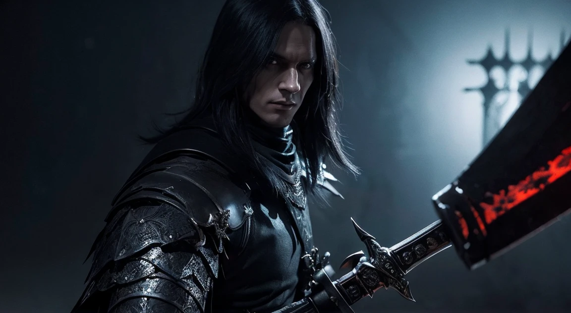 Close up portrait of a person with a sword in a dark room, Evil Knight, Gothic Knight, Dark Warrior, Anthropomorphic Crow Knight, Black Octane Rendering, Raymond Swanland&#39;s style, Sauron, the Dark Lord, Dark Fantasy Character Design, Photorealistic dark concept art, fantasy character octane render, Grim Reaper in the Night!!!!, Amazing 8k character concept art