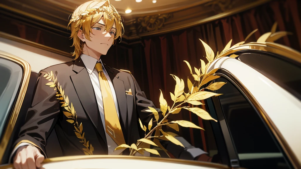 politician in a limo wearing roman imperial golden laurel wreath,