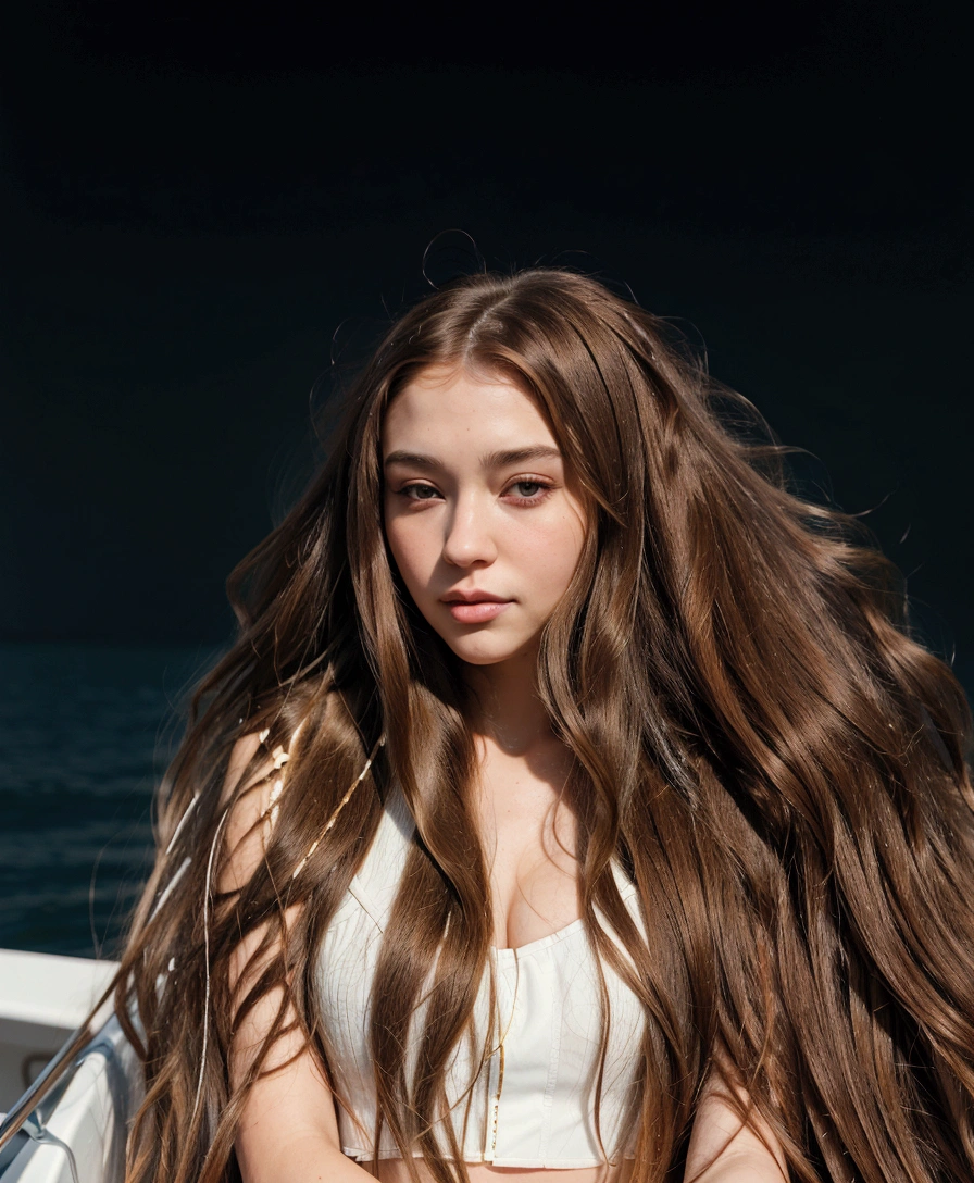 there is a woman with long hair standing on a boat, ilya kuvshinov with long hair, with long hair, long and shiny hair, Girl with brown hair, girl with long hair, Portrait Sophie Mudd, Long brown hair, long hair girl, madison beer girl portrait, long shiny ethereal hair, long wavy brown hair, girl with dark brown hair