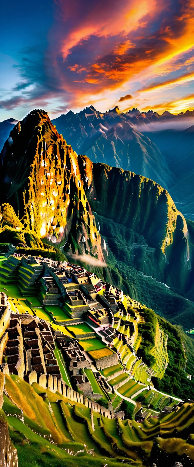 (Highest quality),(masterpiece:1.2),(Very detailed:1.2),Ultra-high resolution,RAW color photos,8K,Vast landscape photography,Realistic photos,Elaborate photos,Skydiving viewpoint,Written boundary depth,Sharp focus,In the clouds,Machu Picchu,Sunset,Beautiful colors,Written boundary depth,Wide Light,Low contrast,Backlight,Sharp focus,Vibrant colors,moving composition