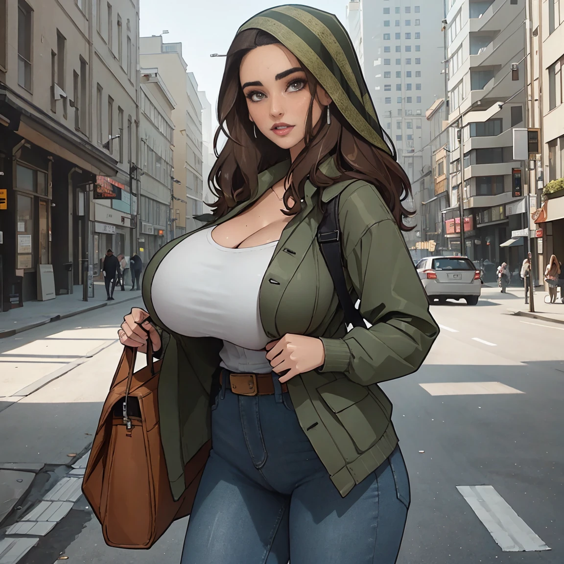 Extremely busty thin and toned brunette photographer, college girl, fair skin, loose side sweep, soft face, athletic, bandana babushka headwrap, tight olive green casual windbreaker, skinny jeans. standing in front of her apartment building, outdoors, city, camera bag, cleavage