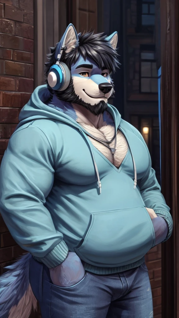 ((best quality)), ((masterpiece)), (Ultra detailed), ((4k)) , Solo , Anthro Wolf , Light Blue Fur , Black Short Hair , Short Beard , Handsone , Middle Ages , Big Pecs chest , Chubby , Headphone , Sweatshirt , Jean pants , Small Smile , Stand Alone , Looking Side
